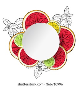 fresh citrus fruits and mint with realistic circle frame. Hand drown sketch lemons, oranges, tangerines, limes and grapefruit. Vector illustration 