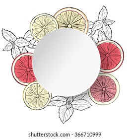 fresh citrus fruits and mint with realistic circle frame. Hand drown sketch lemons, oranges, tangerines, limes and grapefruit. Vector illustration 