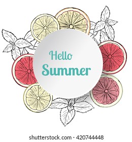 fresh citrus fruits and mint with realistic circle frame. Hand drown sketch lemons, oranges, tangerines, limes and grapefruit. Hello summer. Vector illustration