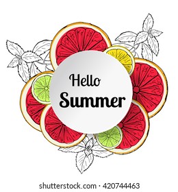 fresh citrus fruits and mint with realistic circle frame. Hand drown sketch lemons, oranges, tangerines, limes and grapefruit. Hello summaer. Vector illustration