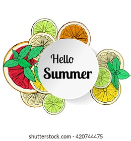 fresh citrus fruits and mint with realistic circle frame. Hand drown sketch lemons, oranges, tangerines, limes and grapefruit. Hello summaer. Vector illustration