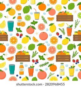 Fresh citrus fruits seamless pattern with oranges, lemons, limes, grapefruits, juice bottles, mint leaves, and wooden crates vector illustration.