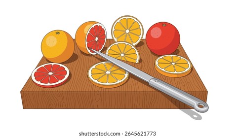 Fresh Citrus Fruits Sliced and Prepared for Juicing on Wooden Board