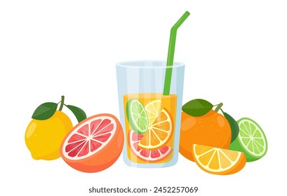 Fresh citrus juice in glass and fruits. Orange, lemon, grapefruit and lime vitamin C smoothie. Detox fruit cocktail for healthy dieting. Vector illustration isolated on white background.