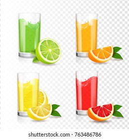 Fresh citrus juice in glass. Orange, lemon, lime, grapefruit drink. Realistic transparent set vector illustration