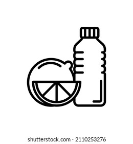 Fresh citrus juice thin line icon. Slice of lemon and bottle. Healthy beverage. Lemonade. Vector illustration.