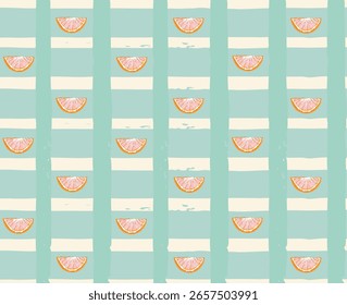 Fresh citrus slice pattern on hand-drawn pastel stripes. Light and summery design perfect for beachwear, textiles, or wrapping paper.

