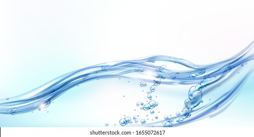 Fresh clean water flowing wave with bubbles and drops. Vector illustration with realistic clear blue aqua splash on white background. Flow of pure liquid drink