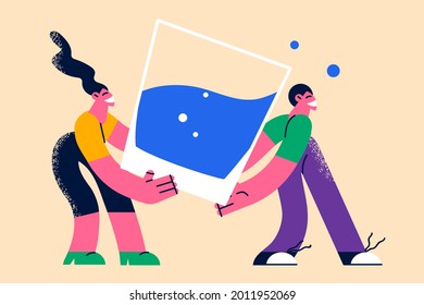 Fresh clean water and healthy lifestyle concept. Happy young healthy people woman and man carrying glass of clear blue drinking water together for weight loss vector illustration