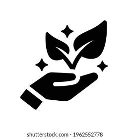 Fresh cleanliness leaf on hand icon.
