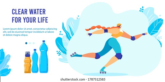 Fresh clear water for sports people vector illustration. Cartoon flat active sportswoman athlete rollerblading, roller skating with drinking water bottles, sports activity and healthy lifestyle banner