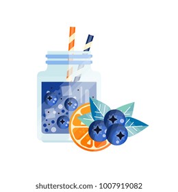 Fresh cocktail with blueberry and orange. Glass jar with ice cubes and drinking straws. Refreshing summer cocktail. Natural and tasty beverage. Flat vector design