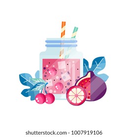 Fresh cocktail with cherry, grapefruit and passion fruit. Delicious smoothie in glass jar with ice cubes and drinking straws. Vegetarian drink. Flat vector design