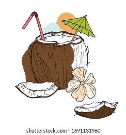 Fresh cocktail in coconut. Sketch by trace. Vector illustration for banners and postcards.
