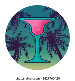 fresh cocktail cup with tropical palm in frame