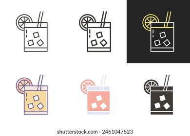 Fresh cocktail drink with orange slice, straw and ice cubes icon. Vector graphic elements