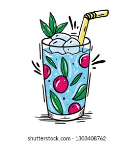 Fresh cocktail hand drawn cartoon style vector illustration. Summer party isolated on white background.