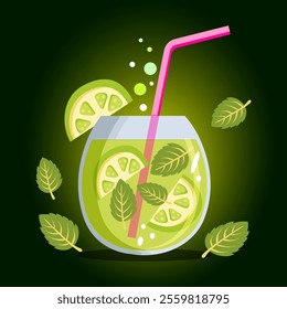 Fresh Cocktail Lime Mint Mojito. Glass of refreshing lime and mint drink with a pink straw, floating lime slices, mint leaves, and vibrant green background