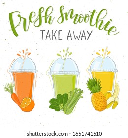 Fresh cocktail set of cups with different tastes. To take away. Superfoods and health or detox diet food concept in doodle style. modern calligraphy and handwritten lettering