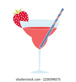 Fresh cocktail with strawberries and a paper tube for drinking. Prohibition of plastic tubes. Freehand drawing. Doodle. Hand Drawn. Outline.	