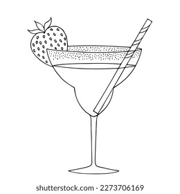 Fresh cocktail with strawberries and a paper tube for drinking. Prohibition of plastic tubes. Freehand drawing. Doodle. Hand Drawn. Outline.