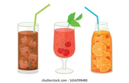 Fresh Cocktails with Ice Cubes and Berries in Glass and Jar Vector Set