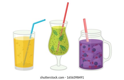 Fresh Cocktails with Ice Cubes and Berries in Glass and Jar Vector Set