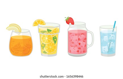 Cócteles frescos con trozos de hielo y frutas cortadas en vidrio y vectores Jar