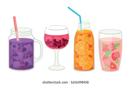 Fresh Cocktails with Ice Cubes and Sliced Fruits and Berries in Glass and Jar with Straw Vector Set