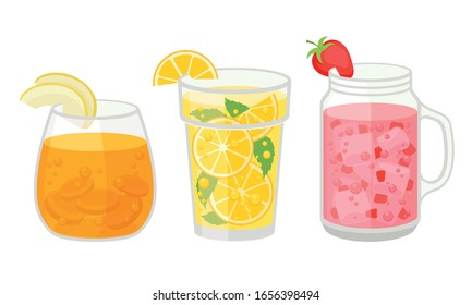 Fresh Cocktails with Ice Cubes and Sliced Fruits and Berries in Glass and Jar Vector Set