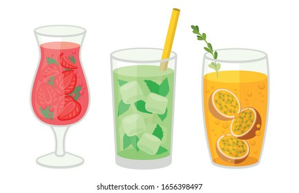 Fresh Cocktails with Ice Cubes and Sliced Fruits and Berries in Glass Vector Set. Refreshing Fruit Water