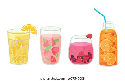 Fresh Cocktails with Ice Cubes and Sliced Fruits and Berries in Glass and Jar with Straw Vector Set. Refreshing Fruit Water