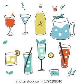 Fresh cocktails pattern. Background with alcohol drinks. Summer holiday and beach party concept. Hand drawn cute vector illustration