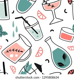 Fresh cocktails seamless pattern. Background with alcohol drinks. Summer holiday and beach party concept. Hand drawn cute vector illustration. Texture for party wrapping papet, texture, fabric. 