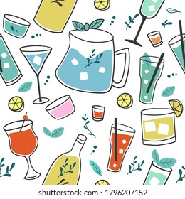 Fresh cocktails seamless pattern. Background with alcohol drinks. Summer holiday and beach party concept. Hand drawn cute vector illustration. Texture for party wrapping papet, texture, fabric.