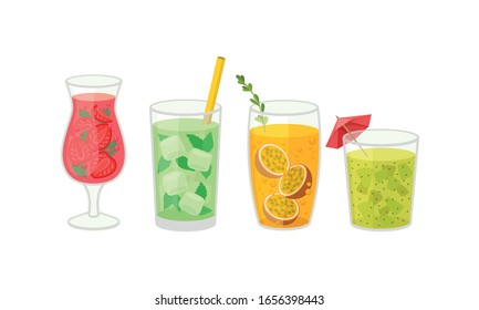 Fresh Cocktails and Smoothies in Glass with Straw Vector Set. Refreshing Fruit Water