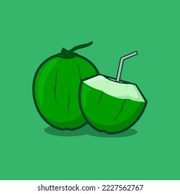 fresh coconut with cartoon concept.vector illustration.isolated on green background.suitable as design banner,icon,etc