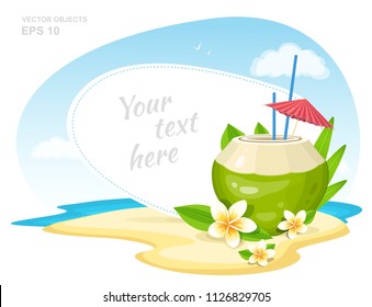 Fresh Coconut Cocktail with Plumeria Flowers, straws and Umbrella on the Island Beach. Summer Time Vacation Attribute. Vector Banner Design Concept with Place for Text