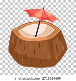 Bebida de coco fresca con una Pequeña sombrilla roja, perfecta para temas tropicales y bebidas de verano.