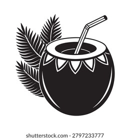 Fresh coconut drink with straw and palm leaf isolated on transparent background for tropical beverage illustrations
