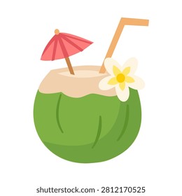 Fresh Coconut Drink Vector Illustration - Tropical Summer Cocktail with Straw and Flower