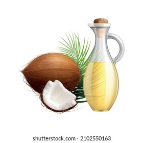 Fresh coconut food oil in glass jar realistic vector illustration