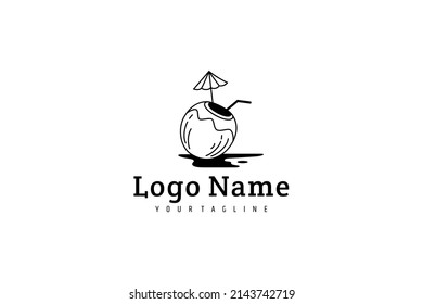 fresh coconut fruit logo with straw and small umbrella decoration in black and white flat vintage style