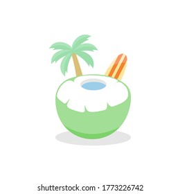 fresh coconut fruit perfect for drink at beach with palm tree and surf board vector illustration design