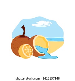 fresh coconut with half fruit in the beach and orange