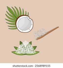 Fresh coconut half rests beside fluffy coconut flakes garnished with green leaves. Wooden spoon adds coconut flakes. Isolated vector illustration.