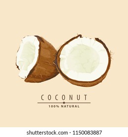 fresh coconut illustration on light background with text