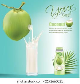 Fresh coconut juice with bottle and glass on blue background. Healthy fruit drink concept. Realistic vector illustration.