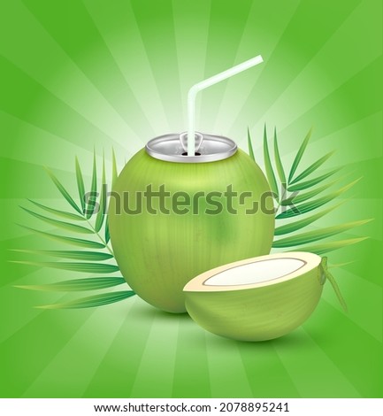 Fresh coconut juice soft drink with lid aluminum can and drinking straw. Isolated on a green background. Healthy fruit drink concept. Realistic 3D vector EPS10 illustration.