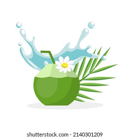 Fresh coconut juice, with coconut water splash and leaves, vector illustration.